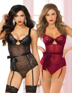 STM-10692, 2pc Floral Galloon And Geo Lace Teddy