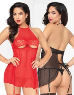 STM-10934, Mesh And Lace High Neck Babydoll With Garters | Seven 'til Midnight