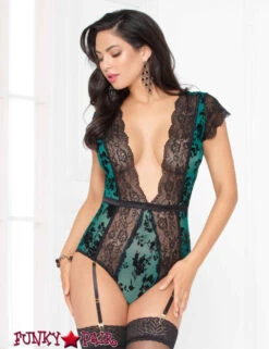 STM-10940, Flocked Mesh And Lace Teddy | Seven 'til Midnight -Funky Lingerie Outlet 10940 GREEN 02 F 94859.1559073750