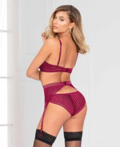 STM-11120, Chevron Lace Bra, Garterbelt And Panty -Funky Lingerie Outlet 11120 WINE B 76627.1696711352