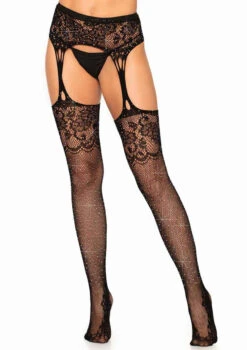 LA-1605, Rhinestone Fishnet Stockings With Attached Garter By Leg Avenue