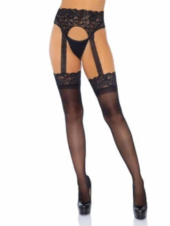 LA-1782, Lace Top Stockings With High Waist Lace Garter Belt By Leg Avenue
