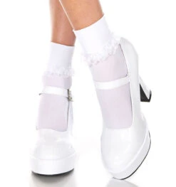 MUSIC LEGS ML-514, Ankle High With Ruffle Trim -Funky Lingerie Outlet 514 White 45237.1568195705