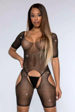 MUSIC LEGS ML-55015, Rhinestones Cutout Short Bodystocking