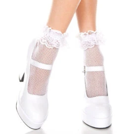 MUSIC LEGS ML-597, Fishnet Ankle High With Ruffle Trim -Funky Lingerie Outlet 597 White 40208.1567492489