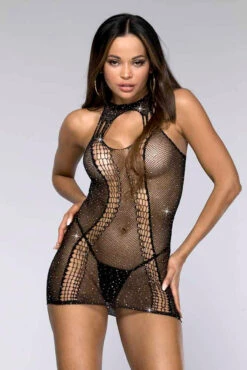 MUSIC LEGS ML-60126, Fishnet Mini Dress With Rhinestones