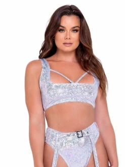 Roma R-6071 - Shimmer Crop Top With Strap Detail -Funky Lingerie Outlet 6071 1 Wht 88658.1649268809