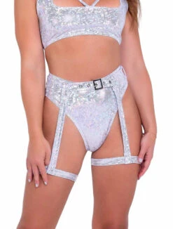 Roma R-6074 - Shimmer High-Waisted Shorts & Garter Belt -Funky Lingerie Outlet 6074 Wht 92379.1649305833