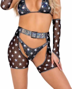 R-6083 - Raver Mesh Starts Print Chaps With Belt By Roma -Funky Lingerie Outlet 6081 6083 Blk 67266.1659382447