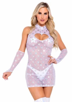 Roma R-6084 - Mesh With Stars Print Dress With Heart Cutout -Funky Lingerie Outlet 6084 6163 Wht 76701.1648496986