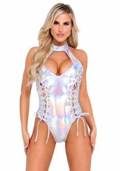 Roma R-6113 - Holographic Raver Lace-Up Romper
