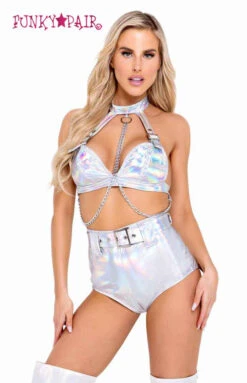 Roma R-6115 - Holographic Vinyl Buckled Top -Funky Lingerie Outlet 6115 6116 Slvr 53051.1696701504