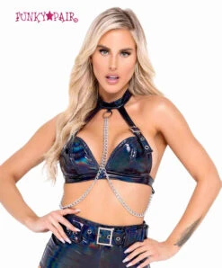 Roma R-6115 - Holographic Vinyl Buckled Top -Funky Lingerie Outlet 6115 Blk 76517.1649543245
