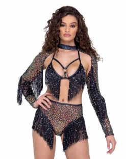 Roma R-6220 - Fringe Sequin Fishnet Triangle Tie Top -Funky Lingerie Outlet 6220 6221 6222 Blk 86874.1685678019