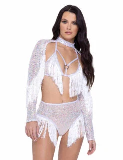 Roma R-6221 - Fringe Sequin Fishnet High Waist Short -Funky Lingerie Outlet 6220 6221 6222 Wht 14324.1685678297