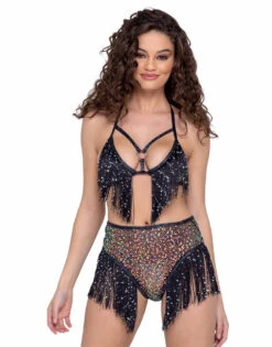 Roma R-6221 - Fringe Sequin Fishnet High Waist Short -Funky Lingerie Outlet 6220 6221 Blk 21208.1685678318