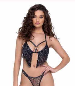 Roma R-6220 - Fringe Sequin Fishnet Triangle Tie Top