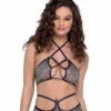 Roma R-6231 - Sequin Fishnet Lace-Up Top -Funky Lingerie Outlet 6231 Blk 15356.1685826684