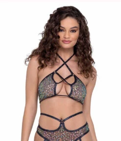 Roma R-6231 - Sequin Fishnet Lace-Up Top