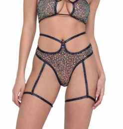 Roma R-6232 - Sequin Fishnet High Waisted Shorts -Funky Lingerie Outlet 6232 Blk 35618.1685826978