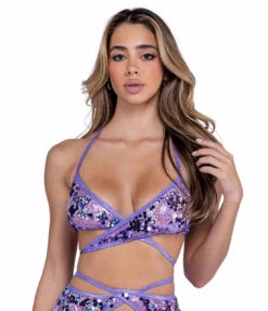 Roma PR-6416, Sequin Criss-Cross Halter Top