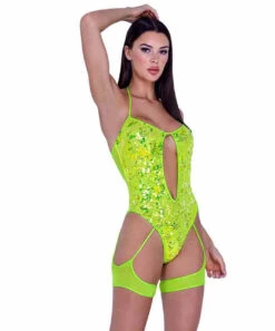 Roma PR-6420, Sequin Keyhole Romper With Attached Leg Straps