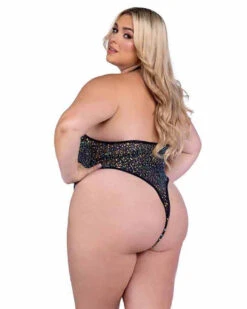 Roma PR-6431X, Plus Size Sequin Fishnet Thong Back Romper -Funky Lingerie Outlet 6431Q Blk Back 91681.1714197089