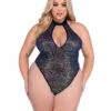 Roma PR-6431X, Plus Size Sequin Fishnet Thong Back Romper -Funky Lingerie Outlet 6431Q Blk 24668.1714197084
