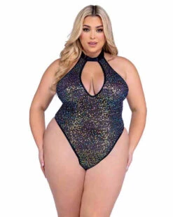 Roma PR-6431X, Plus Size Sequin Fishnet Thong Back Romper