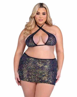 Roma PR-6433X, Plus Size Sequin Fishnet Criss-Cross Halter Top -Funky Lingerie Outlet 6433Q 6434Q Blk 54224.1714194922