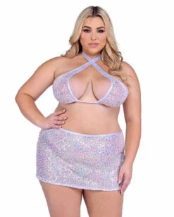 Roma PR-6433X, Plus Size Sequin Fishnet Criss-Cross Halter Top -Funky Lingerie Outlet 6433Q 6434Q Wht 84089.1714194930