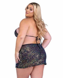 Roma PR-6433X, Plus Size Sequin Fishnet Criss-Cross Halter Top -Funky Lingerie Outlet 6433 6434 Q Blk Back 41724.1714194896