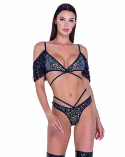 Roma PR-6437, Sequin Fishnet Fringe Top -Funky Lingerie Outlet 6437 6438 Blk 34827.1714193378