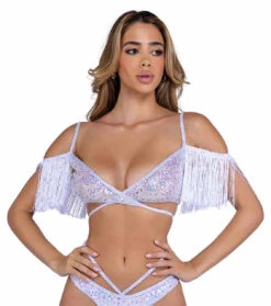 Roma PR-6437, Sequin Fishnet Fringe Top -Funky Lingerie Outlet 6437 Wht 72108.1714193331