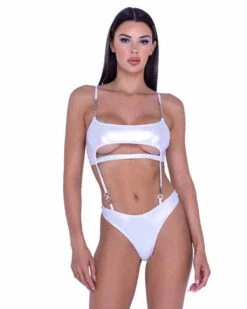 Roma PR-6442, Metallic Iridescent Underboob Romper With Chain