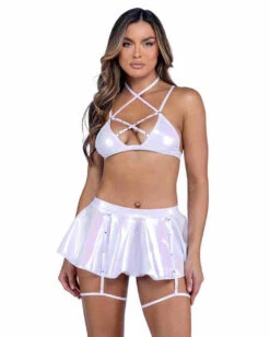Roma PR-6455, Metallic Iridescent Skirt With Attached Rhinestone Garters -Funky Lingerie Outlet 6454 6455 Wht 36958.1714091239