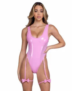 Roma PR-6477, Vinyl & Fishnet Romper With Bow Straps -Funky Lingerie Outlet 6477 BP 67899.1714084532