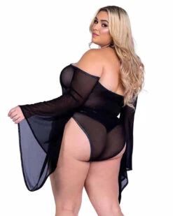 Roma PR-6497X, Plus Size Sheer Bell Sleeve Romper -Funky Lingerie Outlet 6497Q Blk Back 20653.1714087829