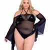 Roma PR-6497X, Plus Size Sheer Bell Sleeve Romper -Funky Lingerie Outlet 6497Q Blk 45832.1714087899
