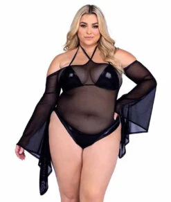 Roma PR-6497X, Plus Size Sheer Bell Sleeve Romper