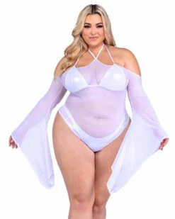 Roma PR-6497X, Plus Size Sheer Bell Sleeve Romper -Funky Lingerie Outlet 6497Q Wht 66522.1714087810
