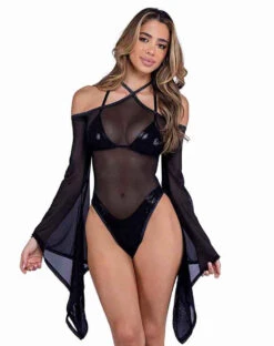 Roma PR-6497, Sheer Bell Sleeve Romper -Funky Lingerie Outlet 6497 Blk 95646.1714105693
