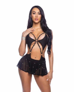 Roma R-6683, Strappy Bodysuit With Rhinestones -Funky Lingerie Outlet 6683 6668 Blk 02996.1751048249