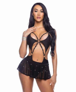 Roma R-6668, Mesh Mini Skirt With Rhinestones -Funky Lingerie Outlet 6683 6668 Blk 78241.1752767460