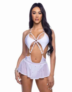 Roma R-6668, Mesh Mini Skirt With Rhinestones -Funky Lingerie Outlet 6683 6668 Wht 24550.1752767431