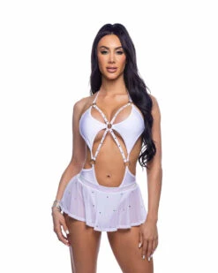 Roma R-6683, Strappy Bodysuit With Rhinestones -Funky Lingerie Outlet 6683 6668 Wht 33876.1751048262