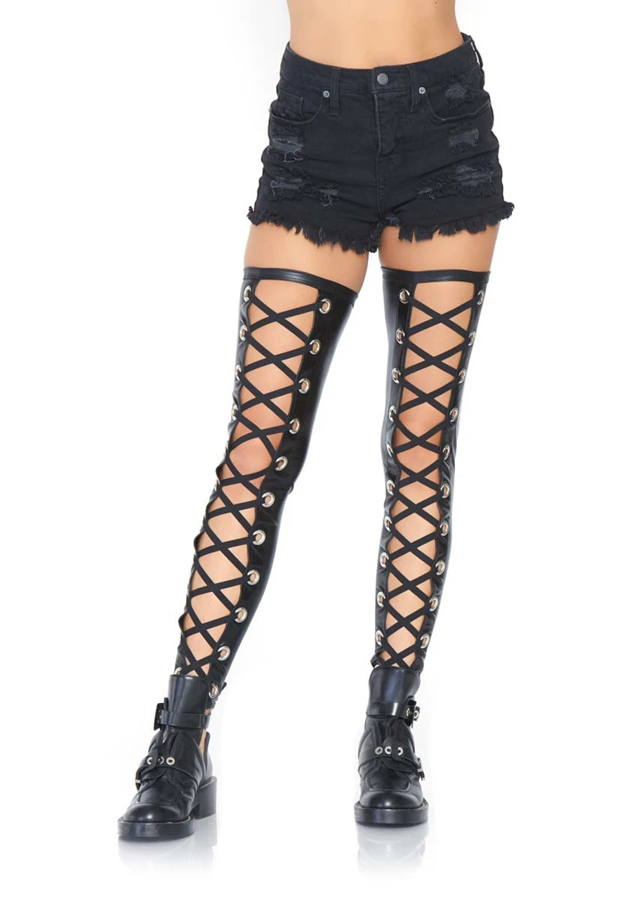LA-6914, Wet Look Footless Lace Up Thigh Highs 3 LA-6914, Wet Look Footless Lace Up Thigh Highs
