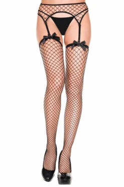 MUSIC LEGS ML-7913, Mini Diamond Net Garterbelt With Satin Bow Stockings