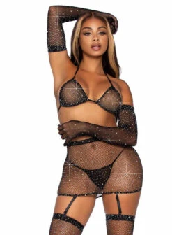 Leg Avenue | LA81617, Rhinestone Fishnet Garter Skirt Set -Funky Lingerie Outlet 81617 Blk 50374.1669055887