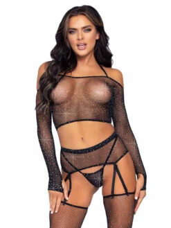 Leg Avenue | LA81618, Rhinestone Fishnet Crop Top Garter Set